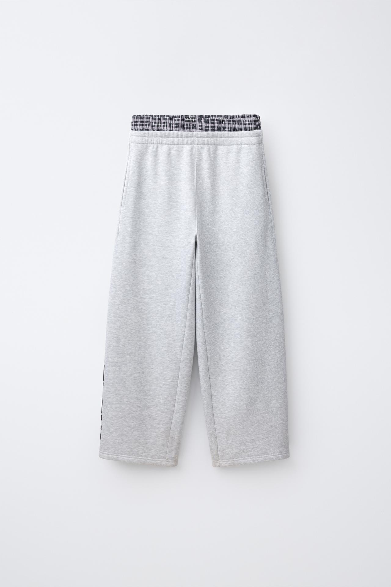 STRAIGHT-LEG DOUBLE-WAISTBAND PANTS — Gray marl