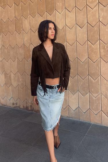 Zara RIPPED DENIM MIDI SKIRT - Light blue