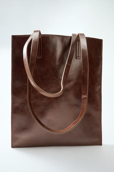 LEATHER SHOULDER TOTE BAG - Chocolate by Zara