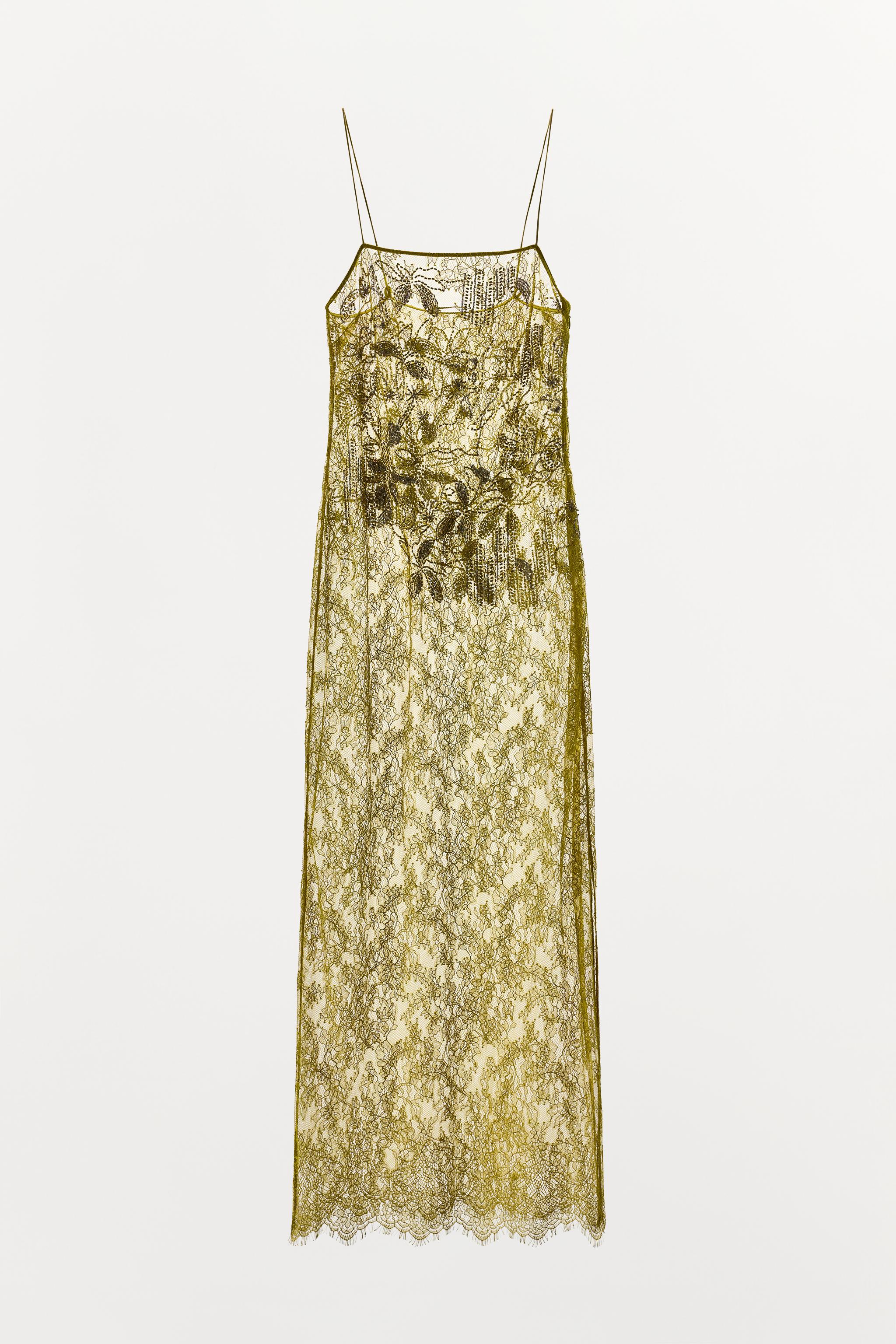 EMBROIDERED BEADED LACE DRESS - Mid-green
