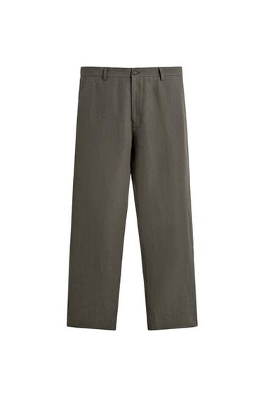 Zara LIMITED EDITION 100% LINEN STRAIGHT FIT PANTS - Gray green