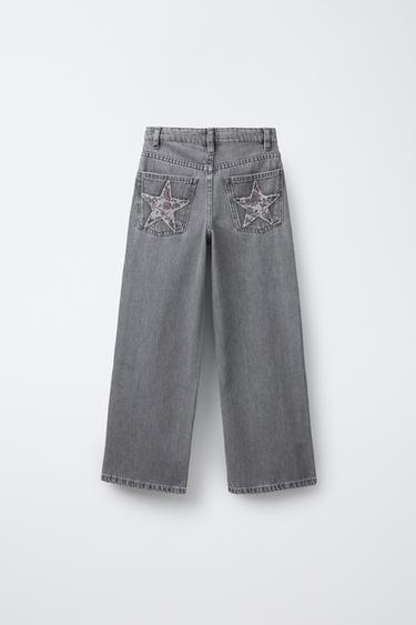 WIDE-LEG JEANS WITH STAR PATCH - Grey by Zara