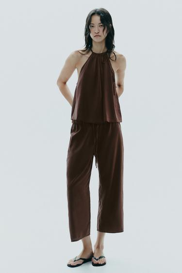 Zara FLOWY CROP PANTS - Brown