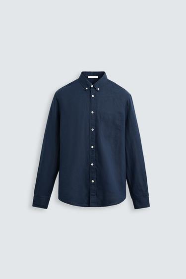 Zara LINEN - COTTON SHIRT - Navy blue