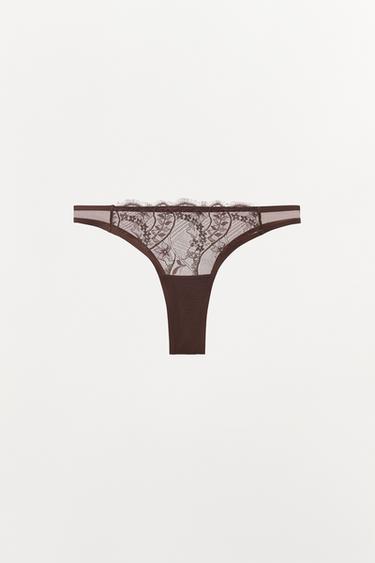 FLORAL EMBROIDERED LACE BRIEFS - Brown by Zara
