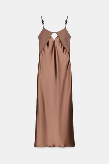 VESTIDO MIDI LENCERO SATINADO - Coñac de Zara