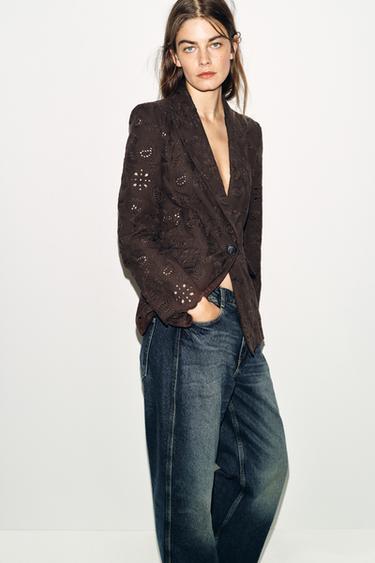 Zara STRAIGHT BLAZER WITH EMBROIDERED PERFORATED SHOULDER PADS - Brown