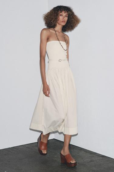 Zara 拼接腰帶洋裝 - 裸色