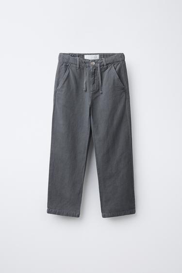 COTTON AND LINEN STRAIGHT-LEG TROUSERS - Blue / Grey by Zara