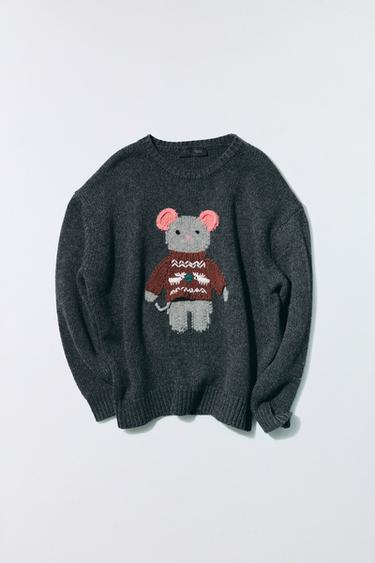 Zara EMBROIDERED MOUSE WOOL BLEND KNIT JUMPER - Gray