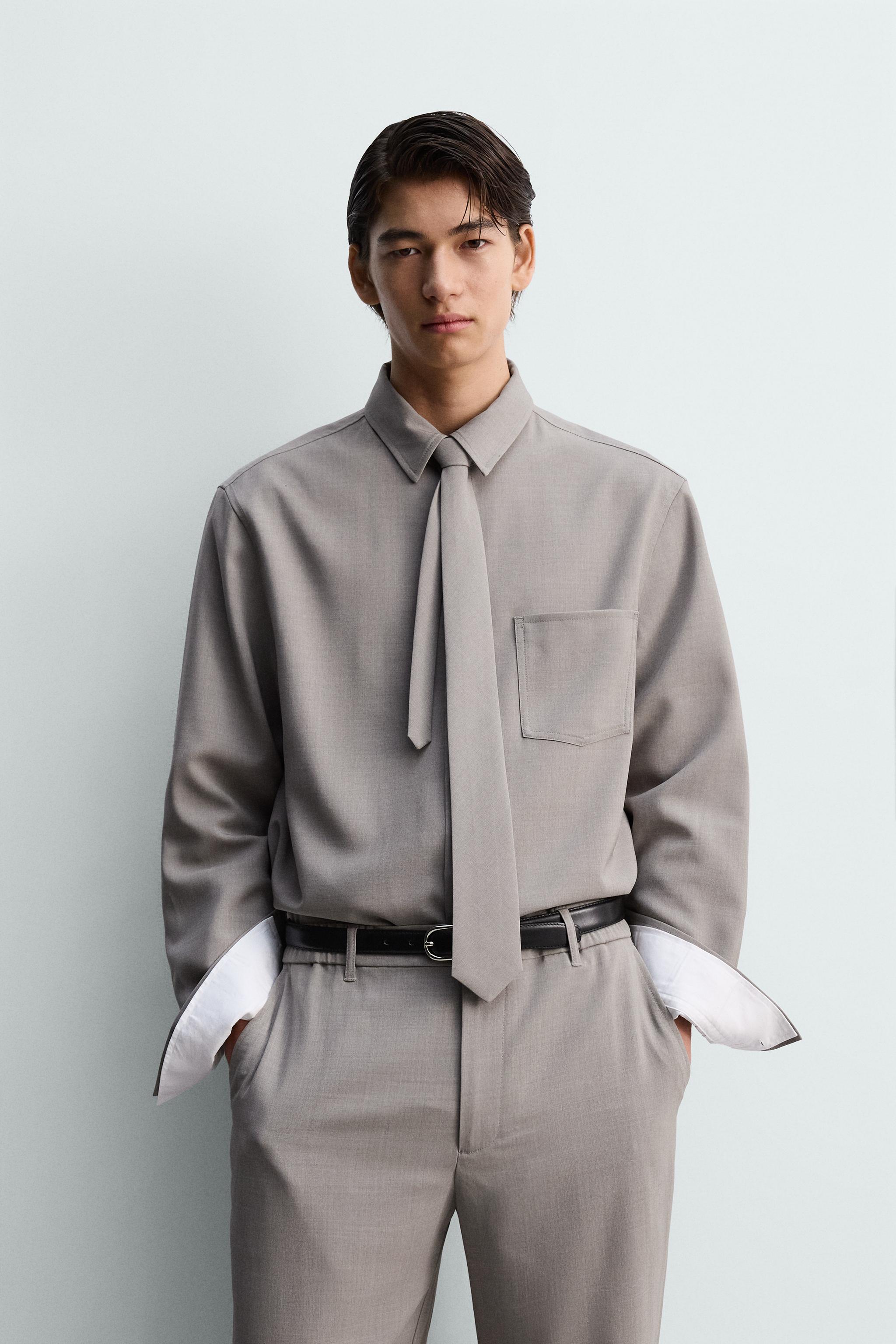 リラックスフィットコントラストネクタイシャツ - ライトグレー | ZARA