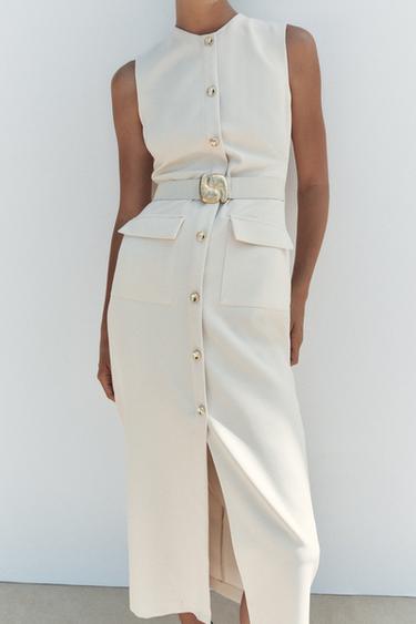 CREPE MIDI DRESS WITH BELT - Ecru by Zara