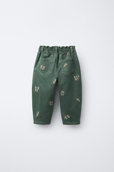 EMBROIDERED FLORAL TWILL BAGGY TROUSERS - Green by Zara - Image 1