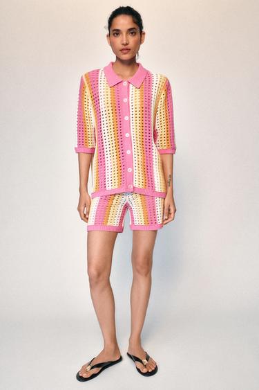 STRIPED CUTWORK KNIT SHORTS - Multicoloured by Zara