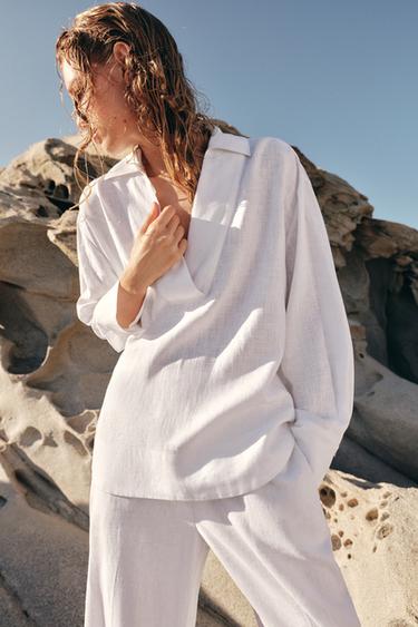 LINNEN BLOUSE MET POLOKRAAG - Wit van Zara