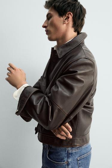 BLOUSON COURT EN CUIR - Marron de Zara - Image 5