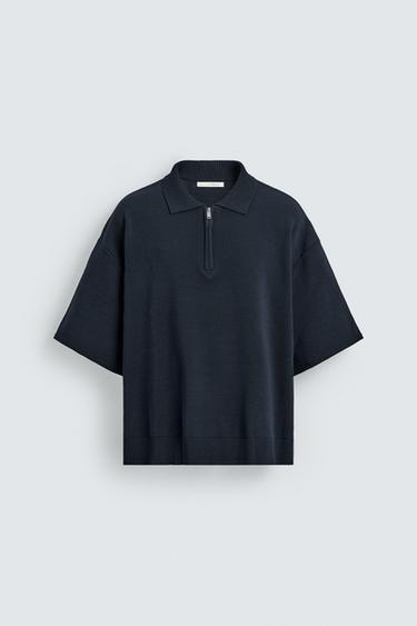ジッパー ニットポロシャツダークネイビーブルーZaraのジッパー ニットポロシャツ - ダークネイビーブルー