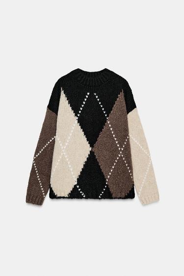 PULL EN MAILLE LOSANGES - Noir / Écru de Zara - Image 3