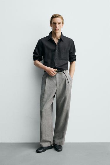 Zara RELAXED FIT LINEN - COTTON PANTS - Ecru / Black - Image 0