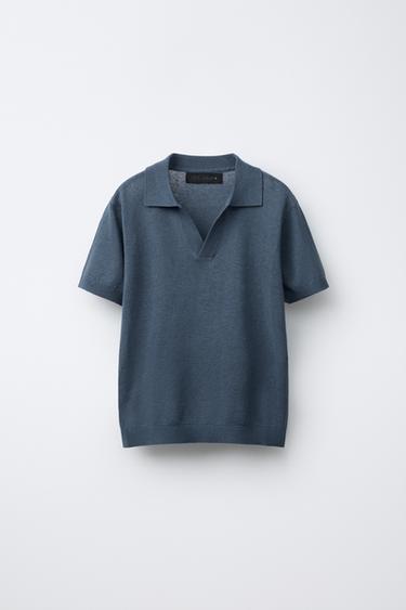 Zara KNIT LINEN COTTON POLO SHIRT - Blue / Green