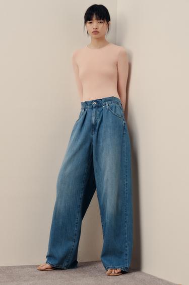 Zara TRF 高腰紙袋牛仔褲 - 藍色