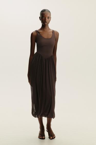 Zara COMBINATION TULLE DRESS - Dark brown