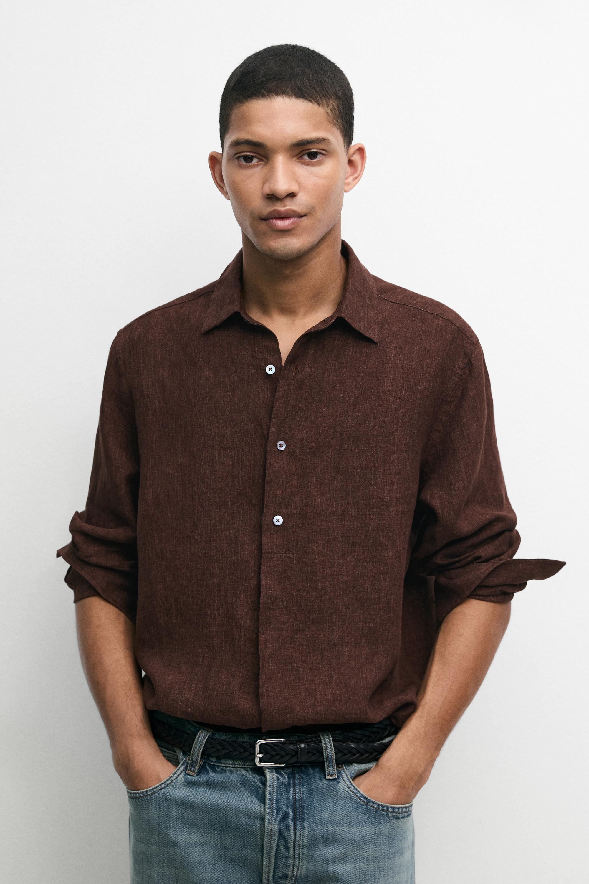 100% linen regular fit shirt with button detail — Brown