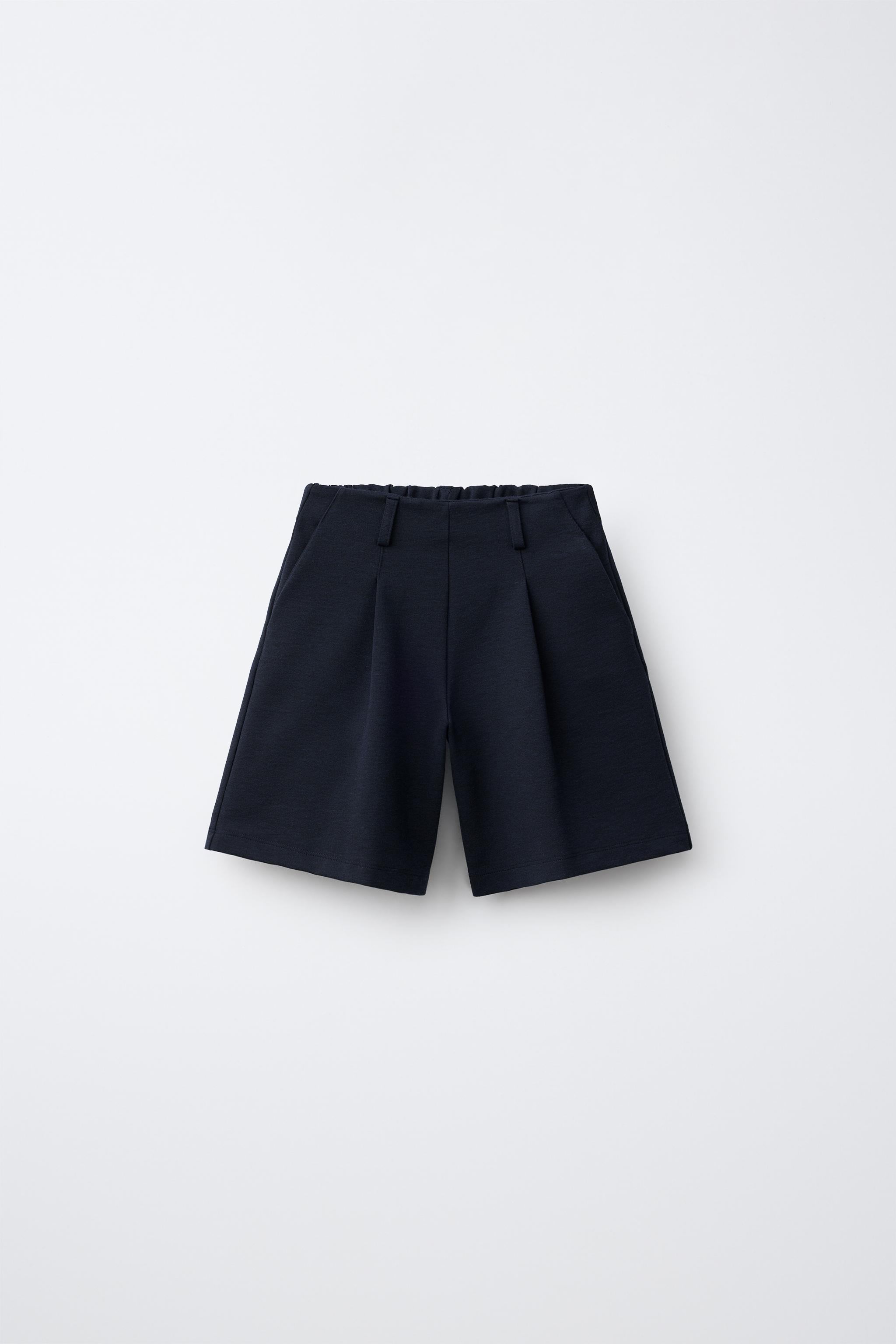LONG PLEATED SHORTS — Navy blue