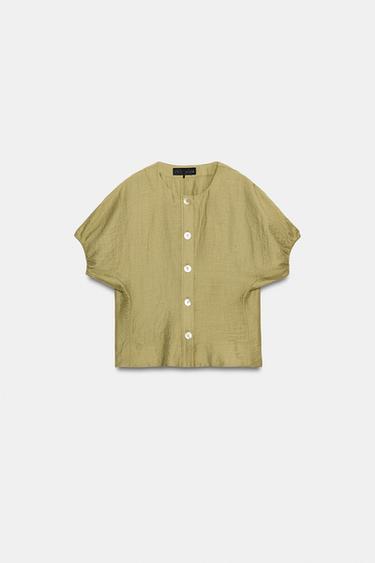 PUFF SLEEVE LINEN BLEND TOP - washed green by Zara - Image 4