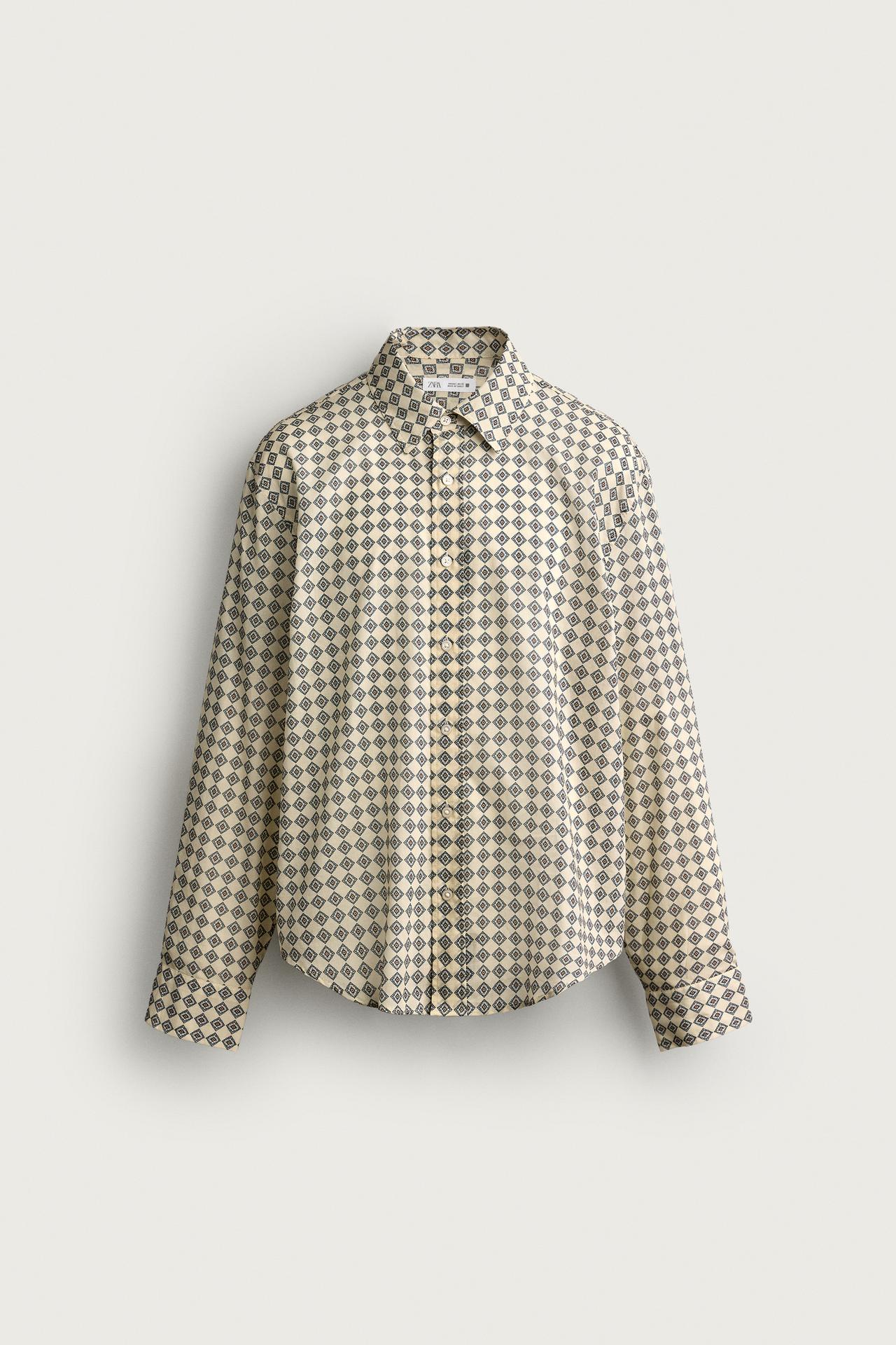 GEOMETRIC PRINT RELAXED FIT SHIRT — Stone