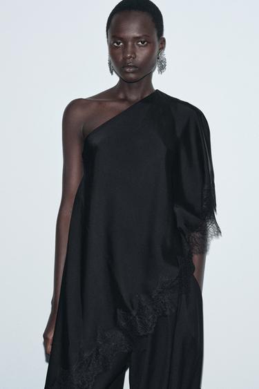ZW COLLECTION ASYMMETRIC LACE TOP - Black by Zara