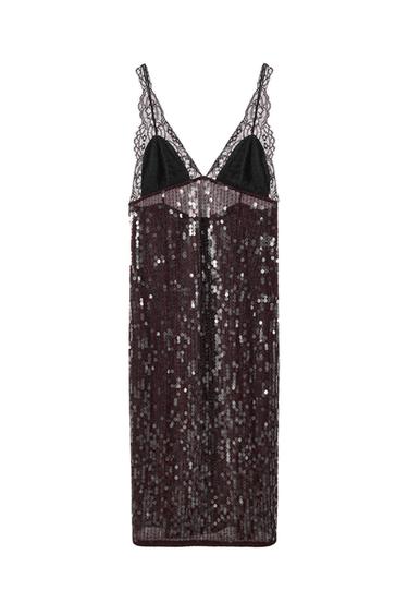 CONTRASTING SEQUIN AND LACE MIDI DRESS