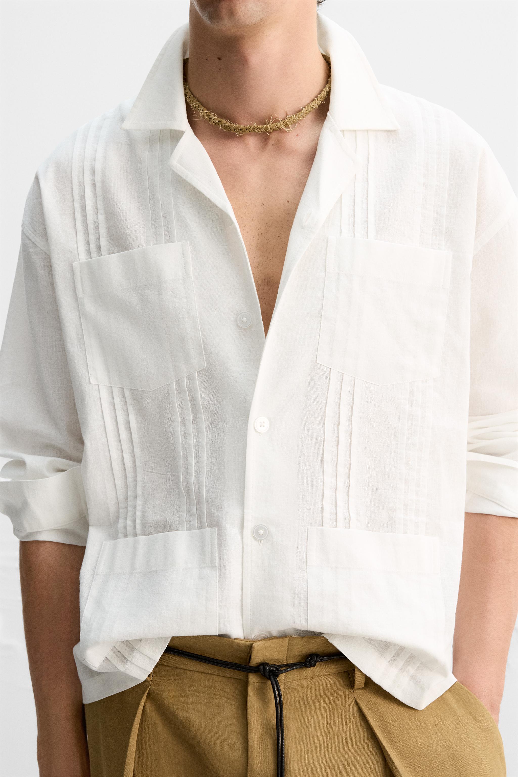 【ZARA】タック入りコットンリネンシャツ ホワイト 3772/242/250 タック入りコットンリネンシャツ - ホワイト | ZARA Japan / 日本