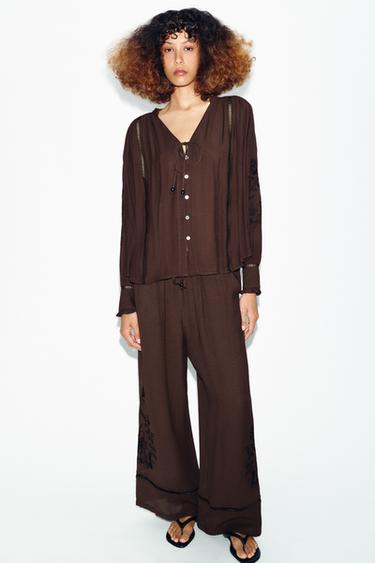 Zara WIDE-LEG PANTS WITH LACE EMBROIDERY - Brown - Image 0