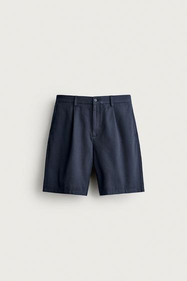 Zara REGULAR FIT PLEATED SHORTS - Navy blue