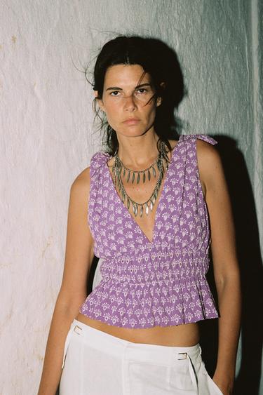 TOP WITH CUTWORK EMBROIDERY AND TIE DETAIL - Lilac / White by Zara