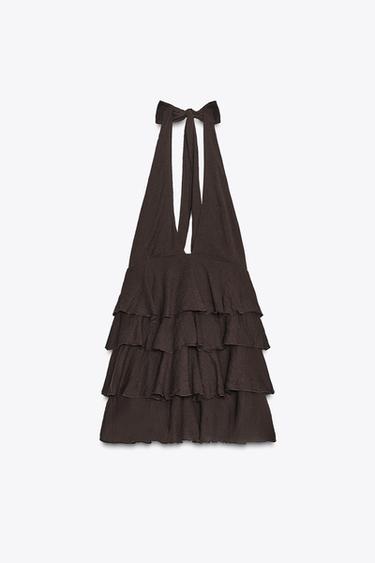 RUFFLED SHORT GAUZE DRESS - Brown by Zara - Image 3