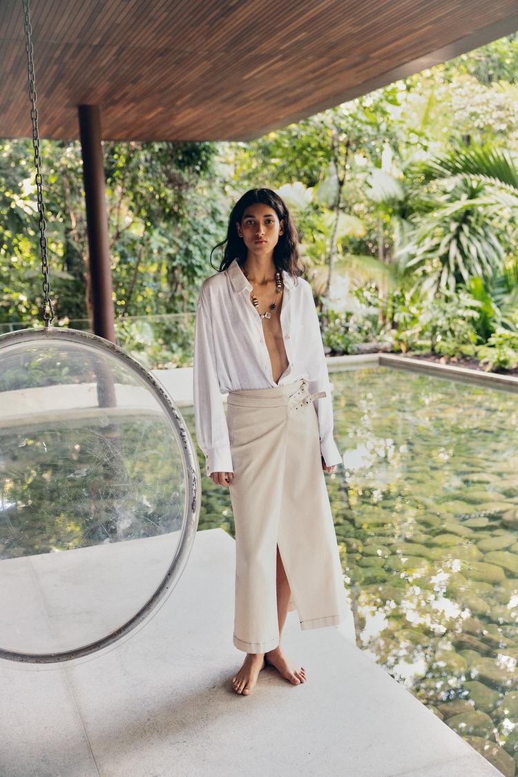 1975 DENIM CROSSOVER MIDI SKIRT Ecru ZARA New Zealand