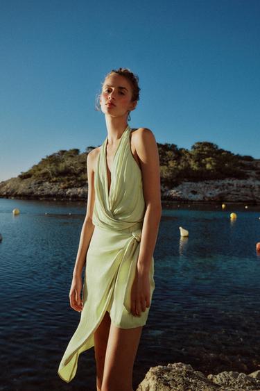 ROBE ASYMÉTRIQUE SATINÉE AVEC NŒUD - Vert de Zara - Image 4