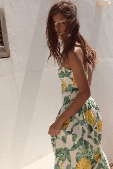 ROBE MI-LONGUE EN POPELINE STYLE CORSET À IMPRIMÉ FRUITÉ - Écru / Vert de Zara - Image 5