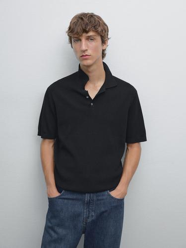 Zara 100% cotton ribbed knit polo shirt - Black