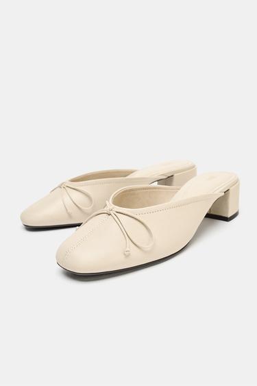 LEATHER SLINGBACK BALLET FLATS WITH BOW - Ecru White by Zara - Image 3
