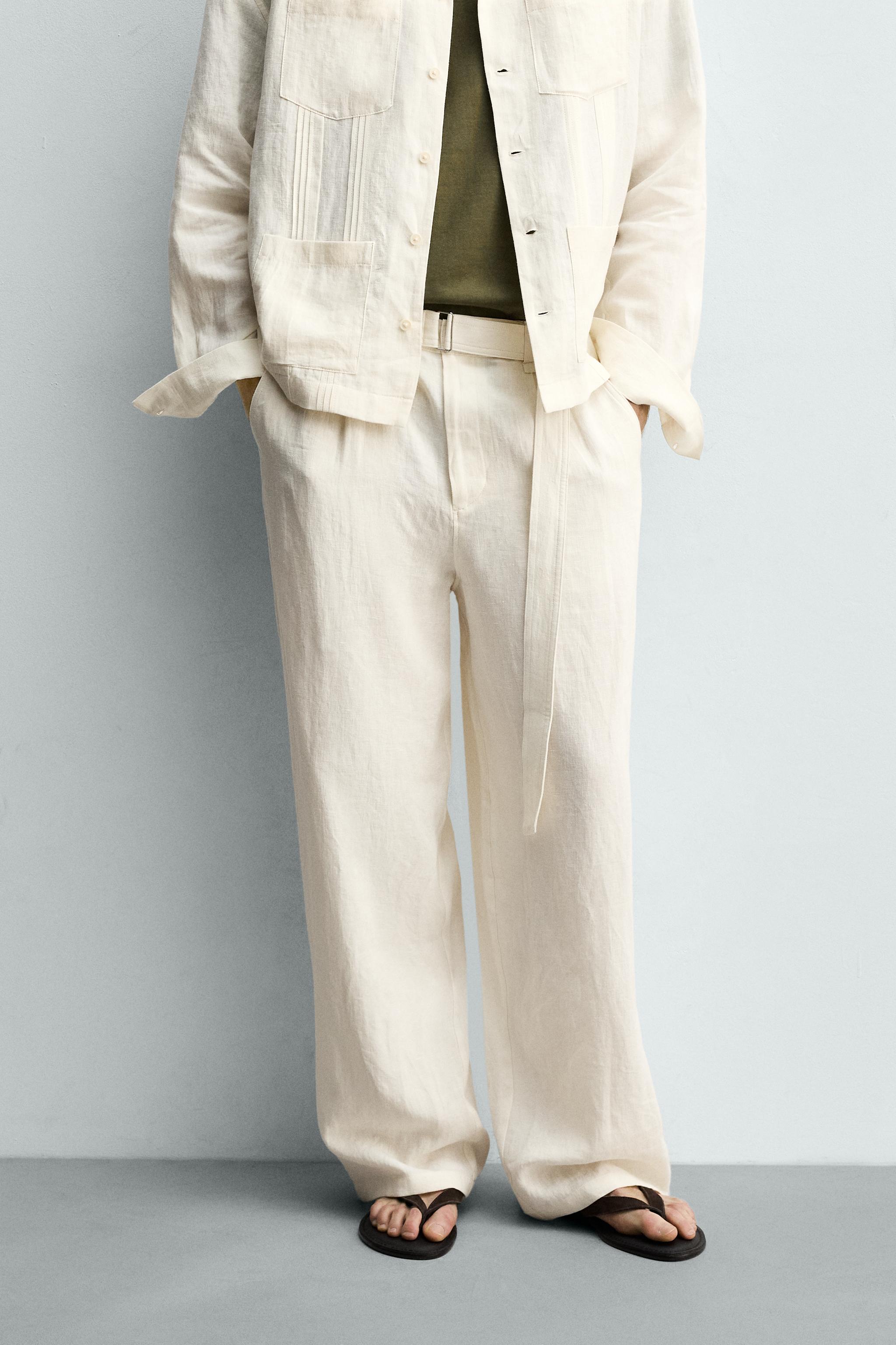 RELAXED FIT 100% LINEN BELTED PANTS - Oyster-white | ZARA United