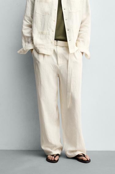 PANTALÓN RELAXED FIT 100% LINO CINTURÓN - Blanco roto de Zara