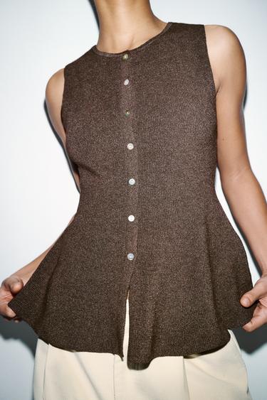 RIB PEPLUM BUTTON TOP - brown vigore by Zara - Image 2