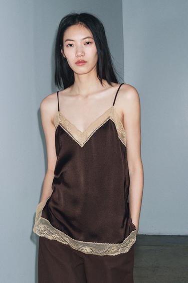 TOP SATINADO ENCAJE ZW COLLECTION - Marrón de Zara