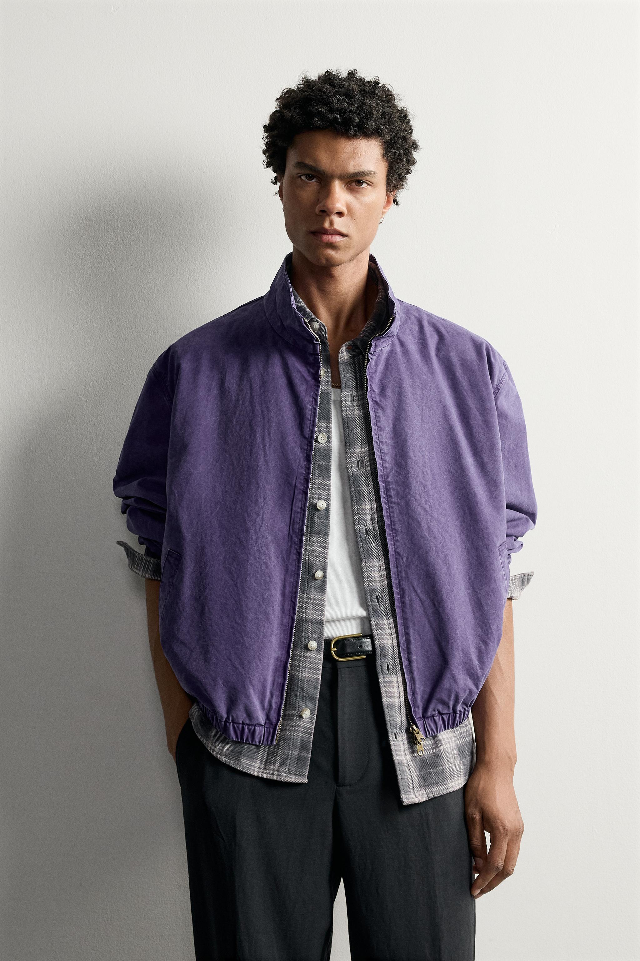 WASHED EFFECT CROPPED JACKET — Dark purple
