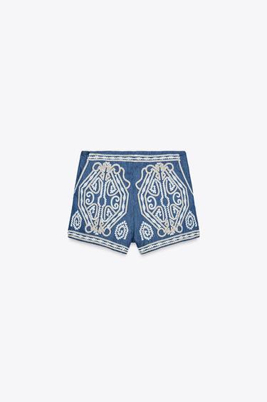 Zara EMBROIDERED SHORTS - Blue