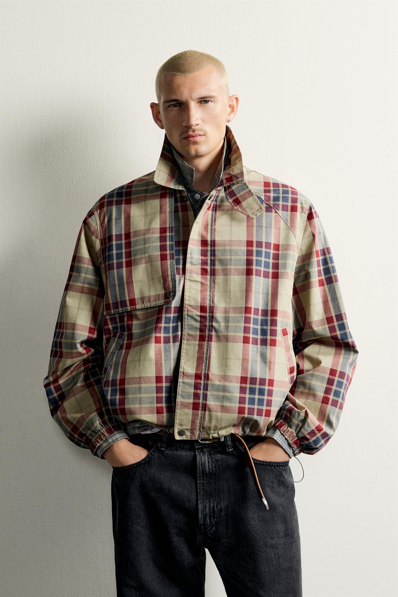 CROPPED PLAID TRENCH COAT — Beige