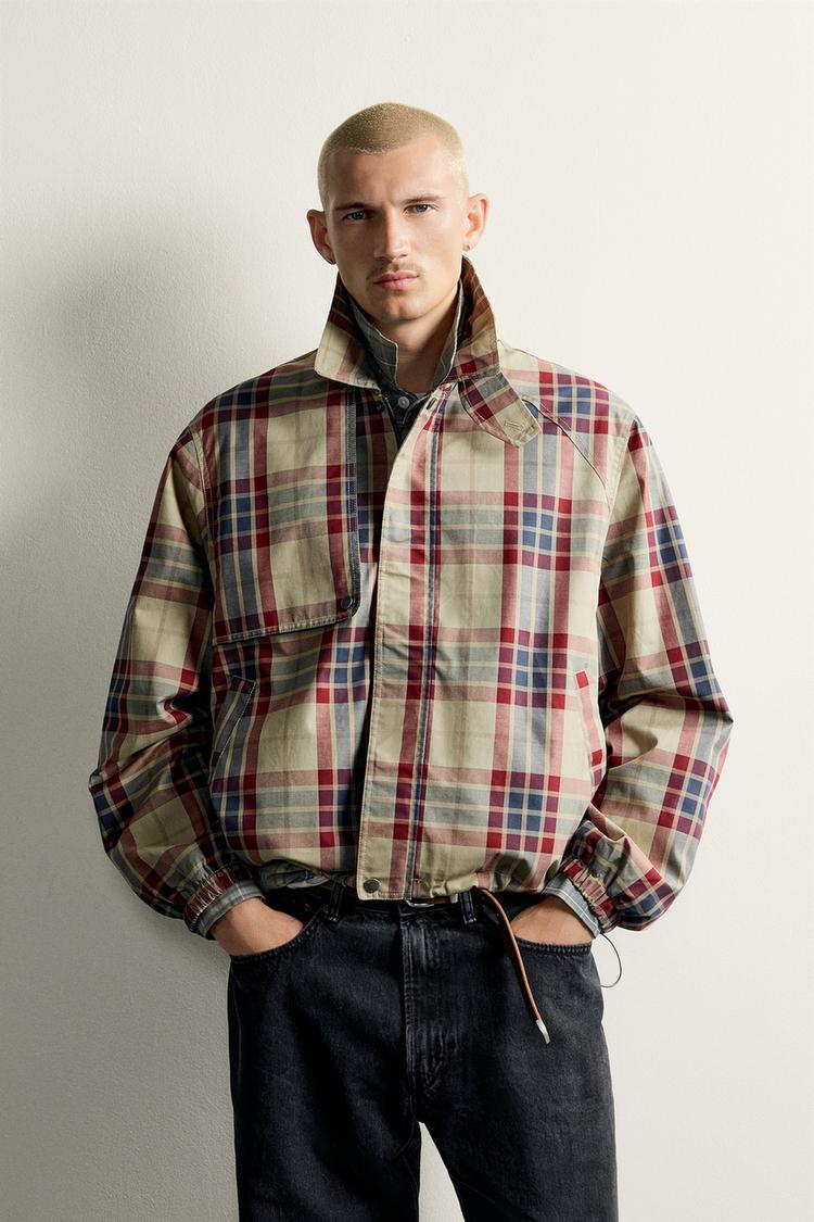CROPPED PLAID TRENCH COAT — Beige